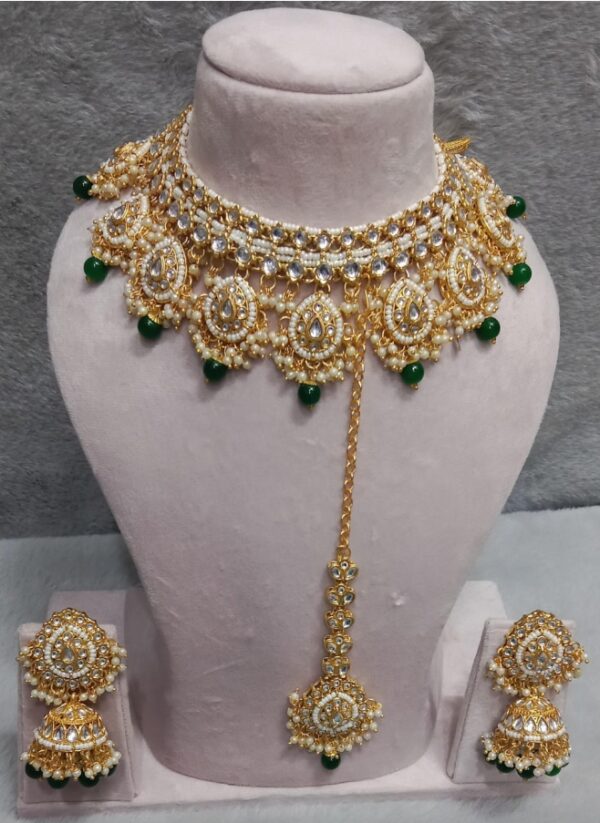 Exquisite Green Kundan Polki Bridal Set  with Choker , mang tika, Earrings