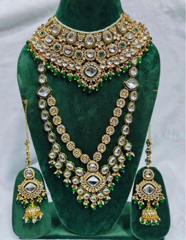 Exquisite Green Kundan Polki Bridal Set  with Choker, Nath, Long and Earrings